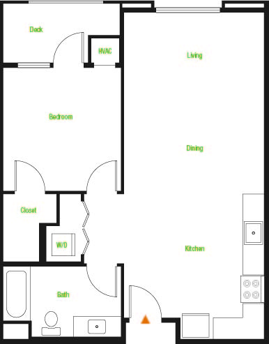 Floor plan for 1 bed, 1 bath, 728 sqft